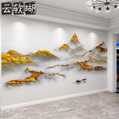 新中式抽象山水畫壁紙8d立體客廳電視機背景牆壁畫3d影視牆布壁畫