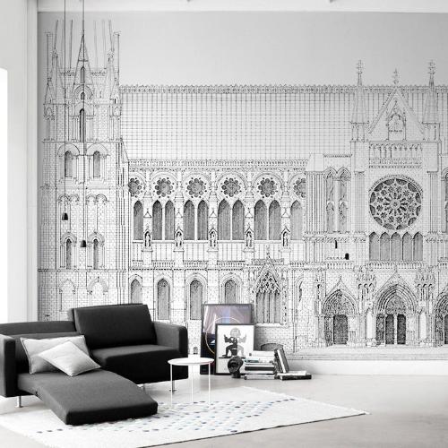 格物印畫巴黎聖母院壁畫手繪建築法式牆紙定製簡約背景牆布壁紙