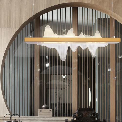 新中式餐廳燈禪意山水吊燈中國風茶室燈具中式客廳吊燈長條茶桌燈