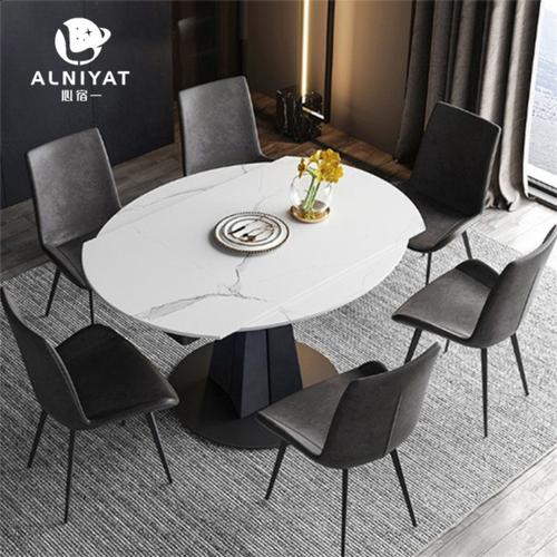 意式極簡巖板多功能伸縮餐桌北歐旋轉餐桌方圓兩用小戶型飯桌