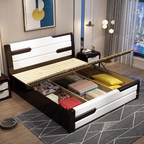 現代簡約實木牀 主臥室家用雙人大牀 1.8m1.5米高箱儲物全實木牀