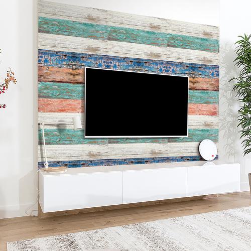 Funlife客廳沙發電視背景牆壁紙美式彩色仿木紋做舊自粘牆貼MF022