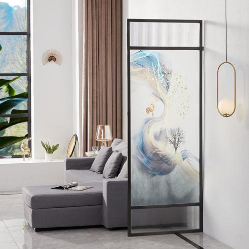 現代簡約家用不鏽鋼屏風 客廳玻璃藝術裝飾隔斷酒店磨砂玻璃屏風