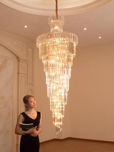 歐式別墅客廳水晶燈酒店大堂大吊燈複式樓中樓中空旋轉樓梯長吊燈