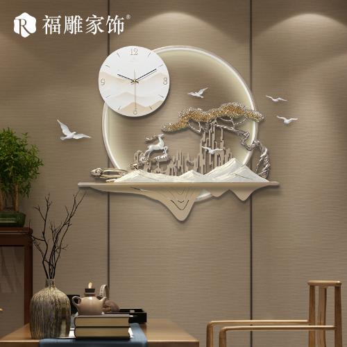 福雕家飾創意掛鐘時鐘牆上圓形牆飾背景牆燈光壁飾鐵藝鍾裝飾掛件