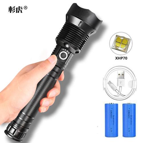 新款P70強光手電筒 戶外防水USB充電電量顯示變焦LED手電筒