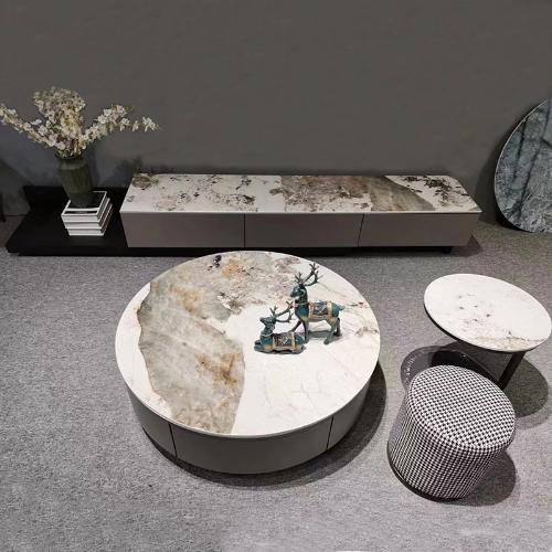 意式巖板奢石茶几電視櫃組合輕奢現代小戶型現代客廳大小圓形茶几