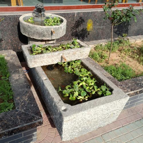 石雕流水盆創意仿古老石磨魚缸家居景觀裝飾老石槽雕塑擺件