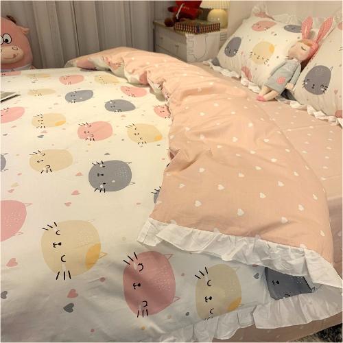 韓版淑女公主風小清新卡通貓小姐全棉四件套純棉雙人被套牀上用品
